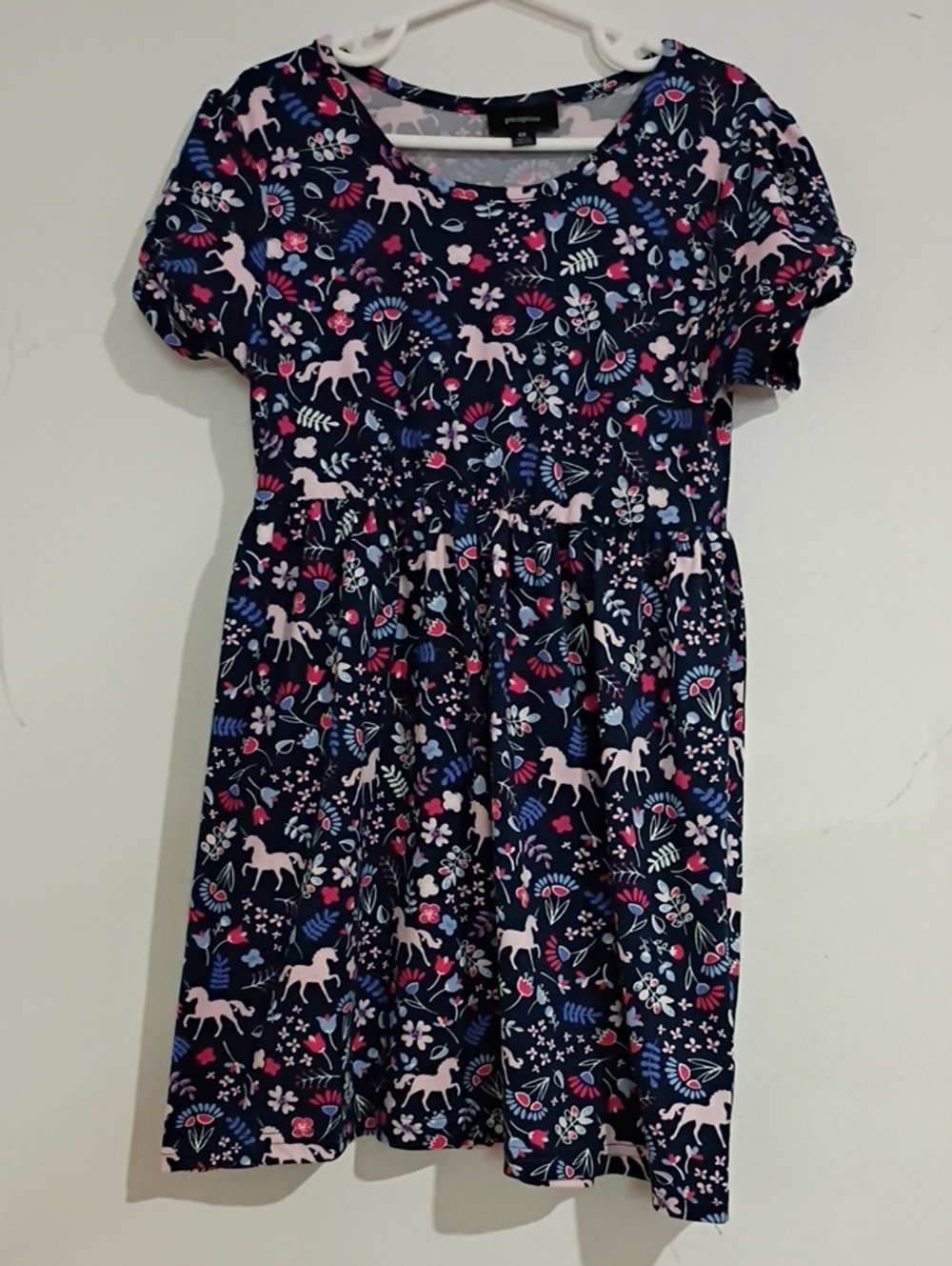 Girls Navy Unicorn Floral Casual Dress with Pink Accents
